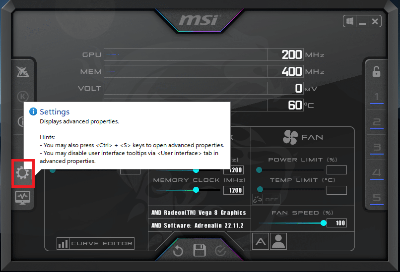 MSI Afterburner を開き、歯車のアイコンをクリックします。