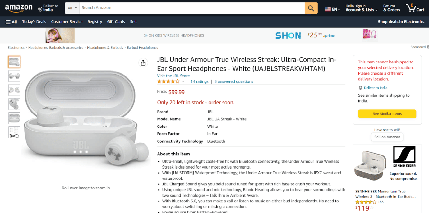 AmazonでのJBL Under Armour True Wireless Streak