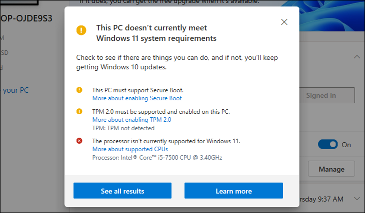 l'app PC Health Check in Windows