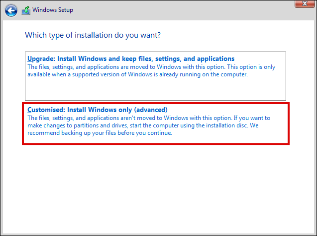 choisir le type d'installation dans la configuration de Windows