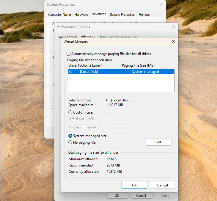 Configurações de memória virtual no Windows 11.