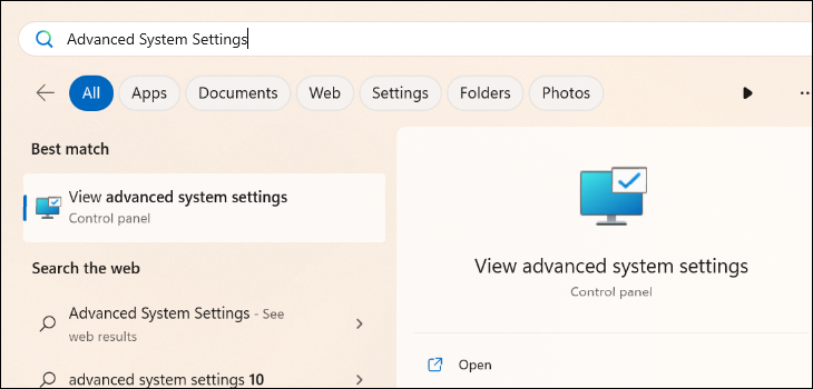 Lansați comanda rapidă „Vizualizați setările avansate de sistem” din Panoul de control.