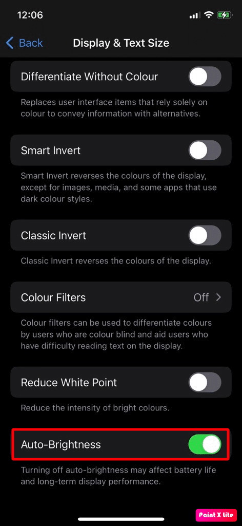 abilita il dispositivo di scorrimento della luminosità automatica | Problema di riscaldamento dell'iPhone dopo l'aggiornamento di iOS 16