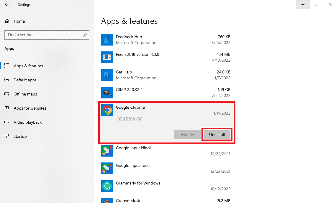 navigați și faceți clic pe Google Chrome și faceți clic pe Dezinstalare. Remediați eroarea HTTP 431 pe Google Chrome