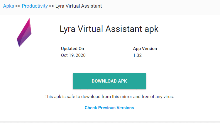 หน้าดาวน์โหลดผู้ช่วยส่วนตัว Lyra APK พระ