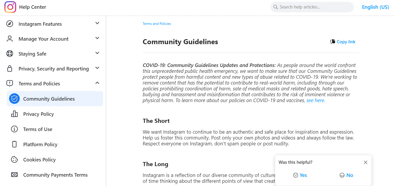 Instagram 社區指南幫助頁面