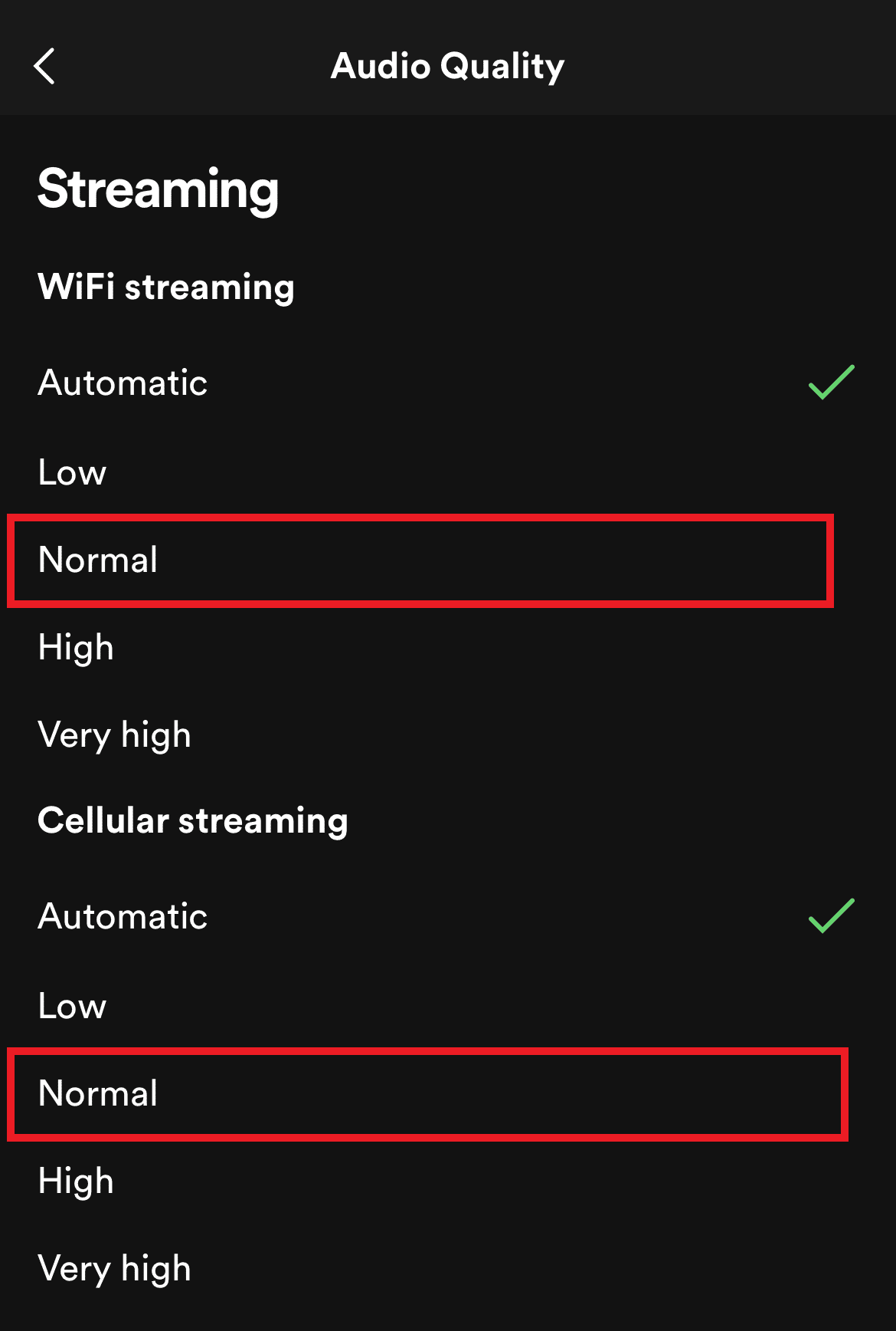 Imposta l'opzione Streaming Wi-Fi e Streaming cellulare su Normale