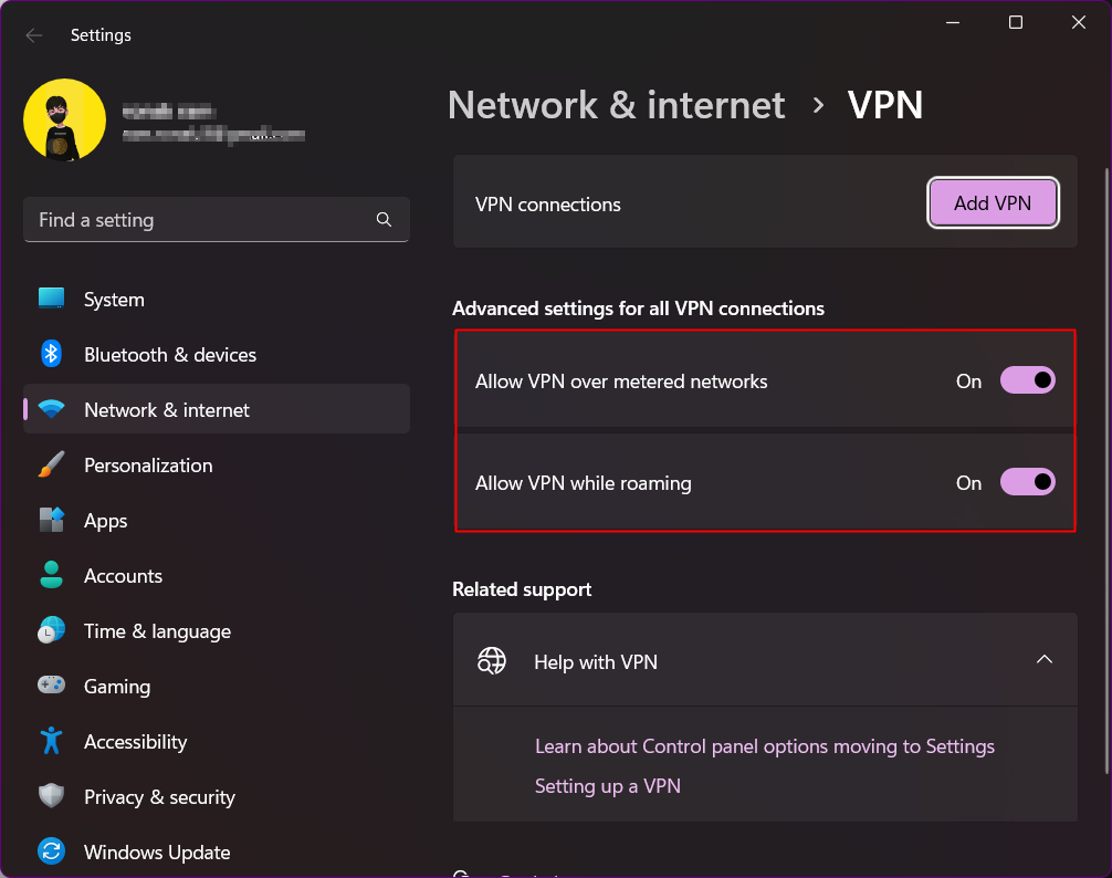 Désactivez pour désactiver les éléments suivants sous Paramètres avancés pour toutes les connexions VPN