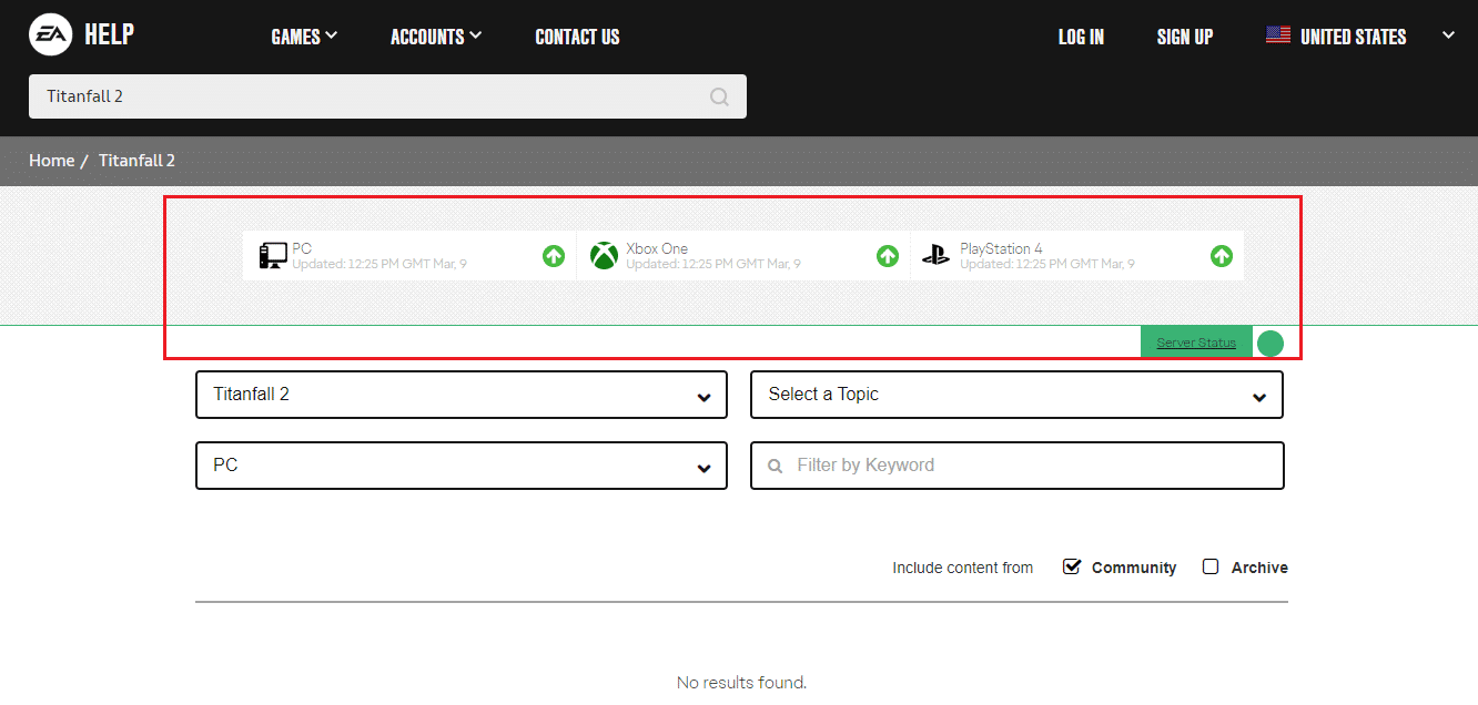 Pagina di stato del server di Titanfall 2