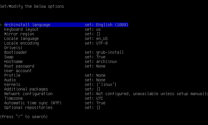 El script "arch install" de Arch Linux que muestra una lista de opciones