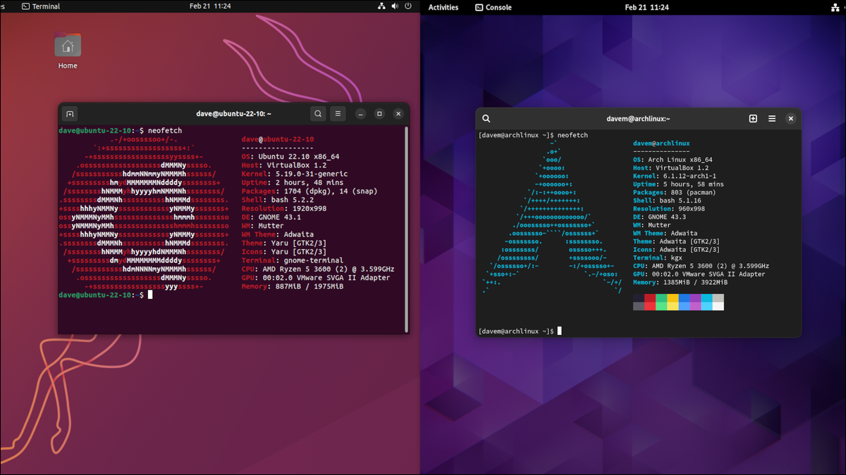 เดสก์ท็อป Ubuntu และ Arch Linux GNOME เคียงข้างกัน