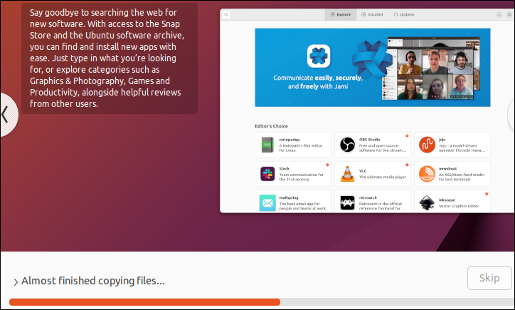 เครื่องมือติดตั้งแบบกราฟิกของ Ubuntu แสดงหน้าจอข้อมูลและแถบความคืบหน้า