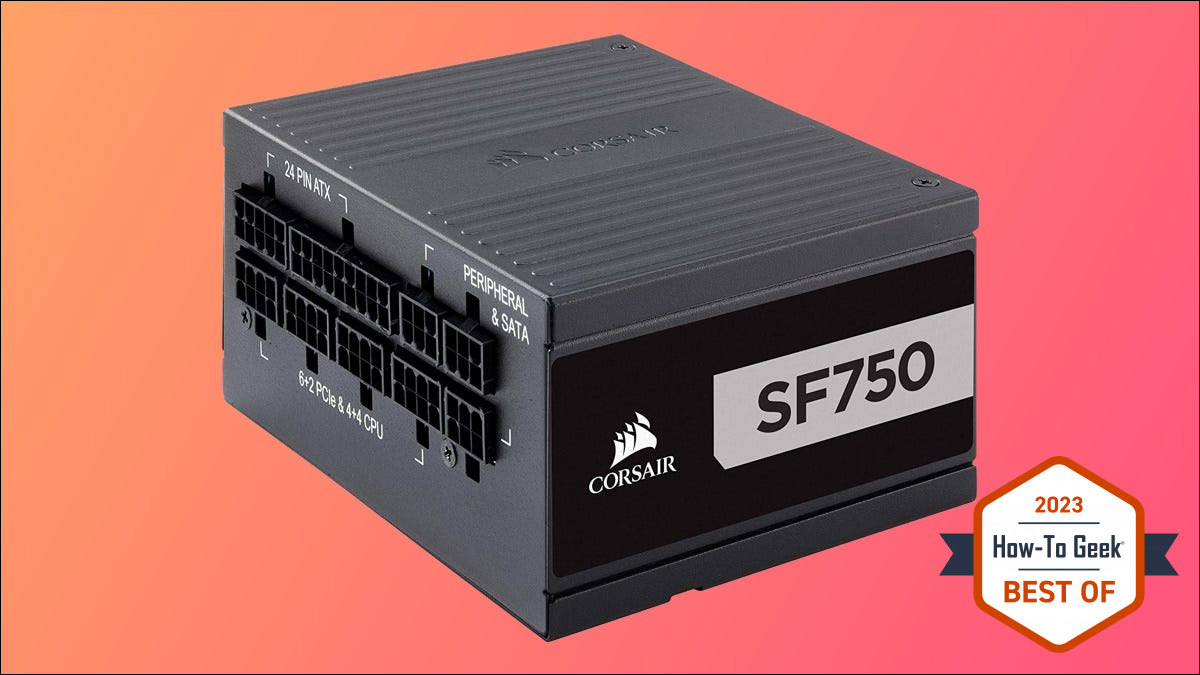 Corsair SF750 dengan latar belakang oranye