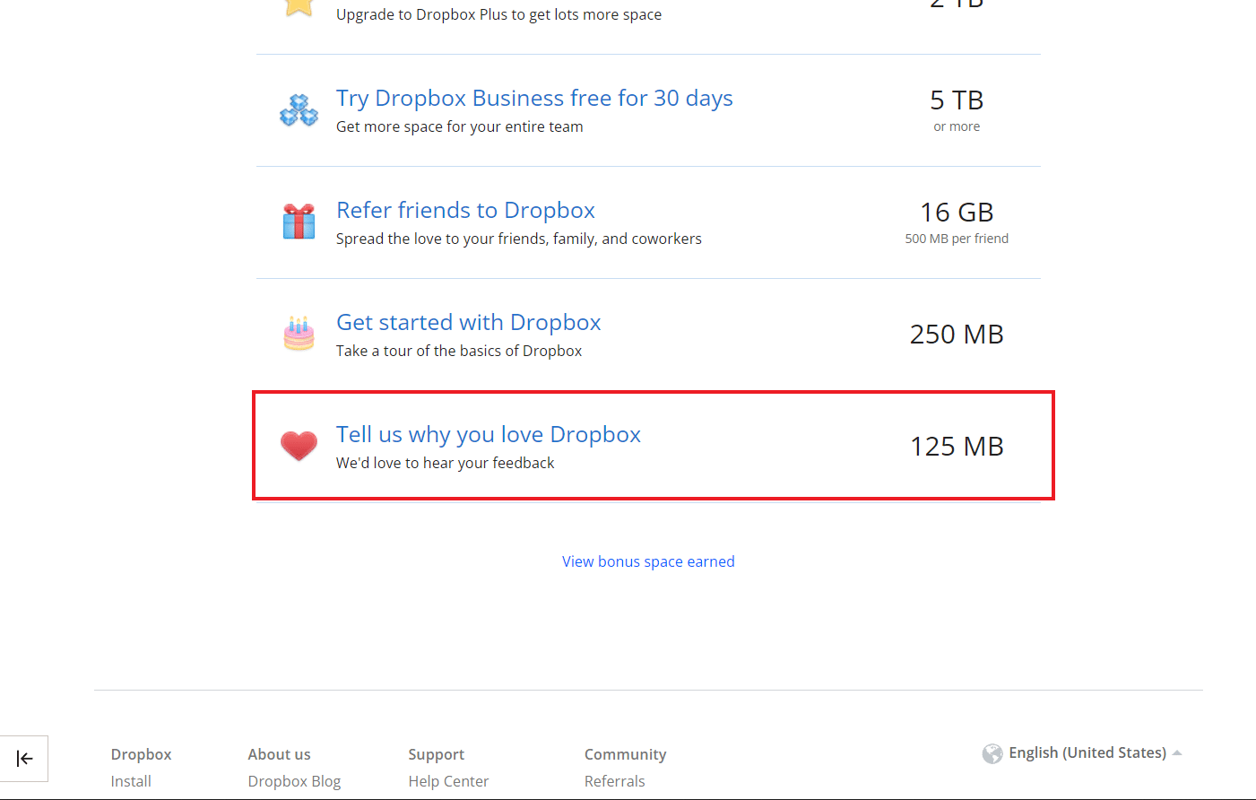 Kliknij Powiedz nam, dlaczego kochasz Dropbox