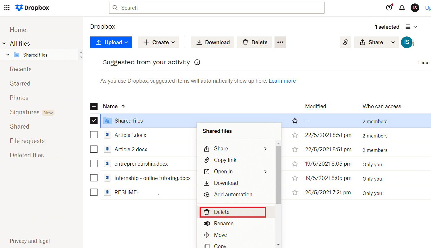 單擊刪除。修復 Dropbox 沒有足夠的空間來訪問文件夾