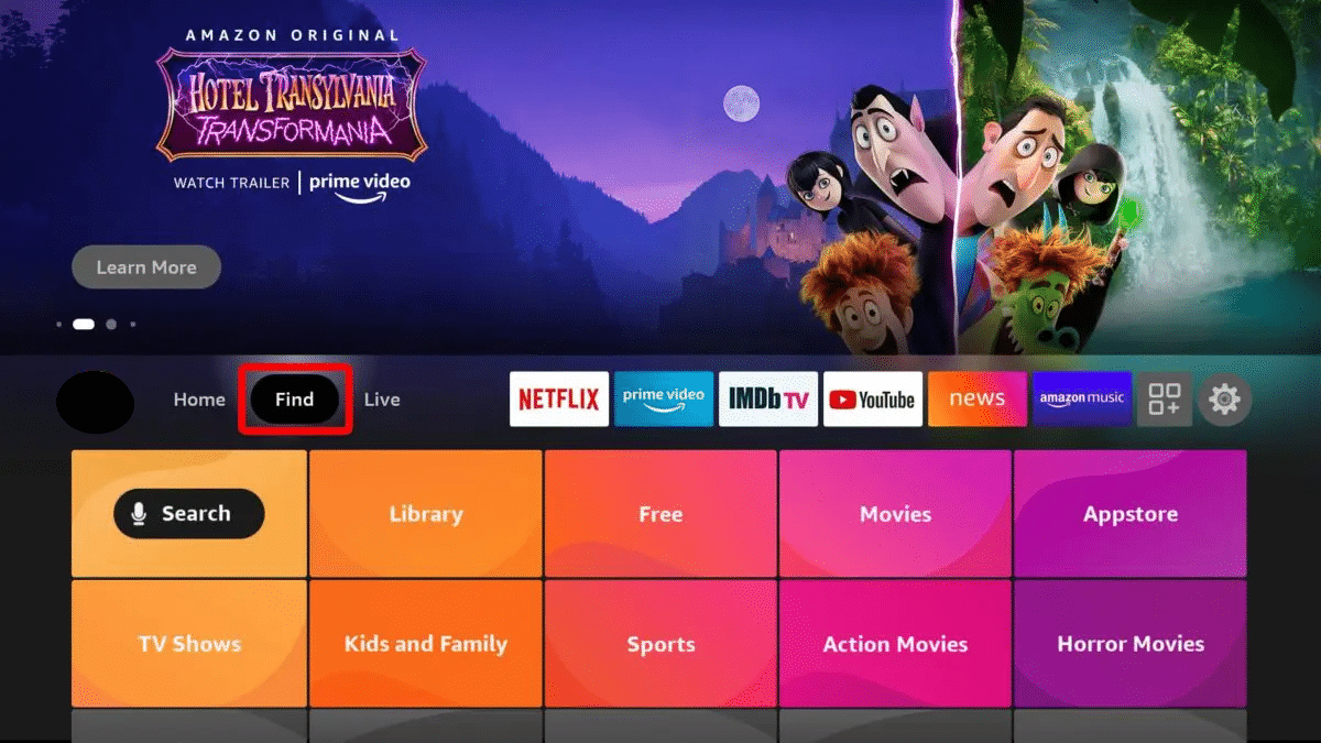 Pilih opsi Temukan di layar beranda Fire TV. 10 Cara Cepat Memperbaiki Kode Kesalahan Amazon Prime 1061