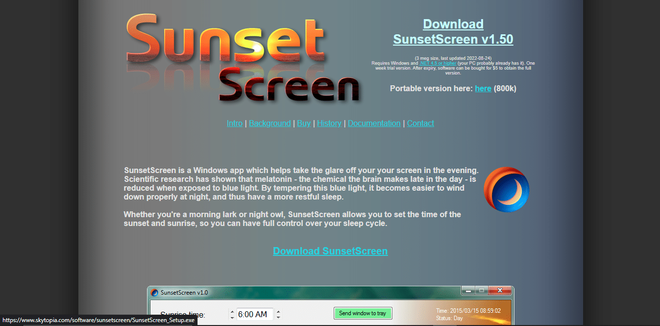 SunsetsScreen 앱. PC용 최고의 블루라이트 필터 앱 10위