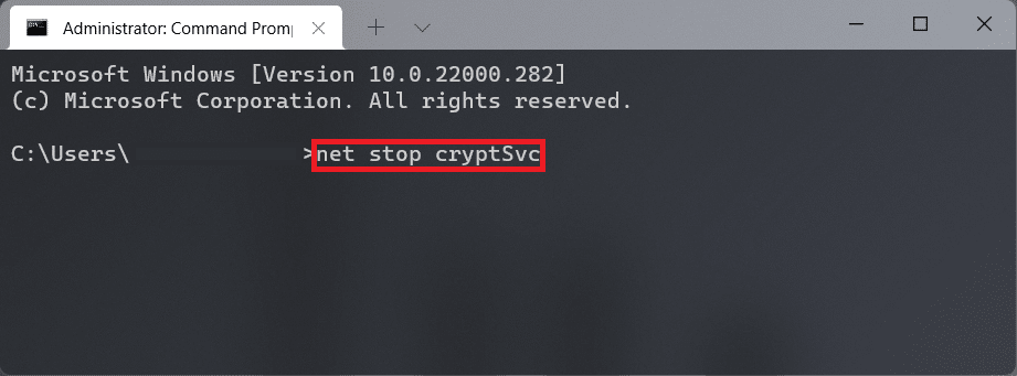Comando para detener cryptsvc Ventana de símbolo del sistema