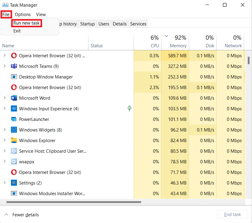 jalankan tugas baru di jendela Task Manager.