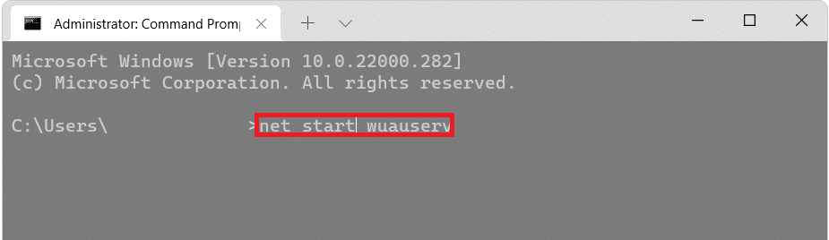 perintah untuk memulai wuauserv di jendela Command prompt