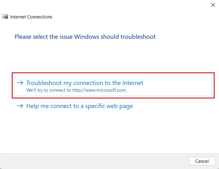 haga clic en Solucionar problemas de mi conexión a Internet