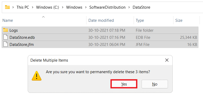 Löschen aller Dateien und Ordner im DataStore-Ordner. So beheben Sie den Update-Installationsfehler 0x800f0988 in Windows 11