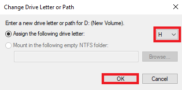 Sélectionnez une autre lettre de lecteur et cliquez sur OK