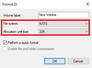 Selecione o nível de volume como NTFS e o tamanho da unidade de alocação como 32K