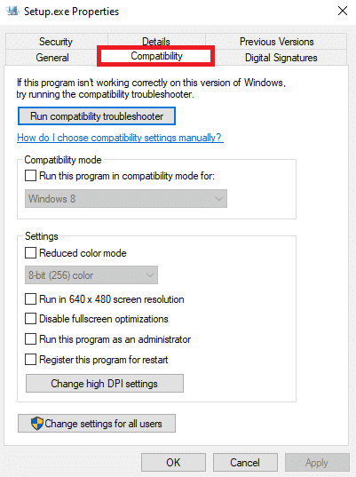 ไปที่แท็บความเข้ากันได้ วิธีการแก้ไข 0x80070015 Bitlocker อุปกรณ์ไม่พร้อมข้อผิดพลาด