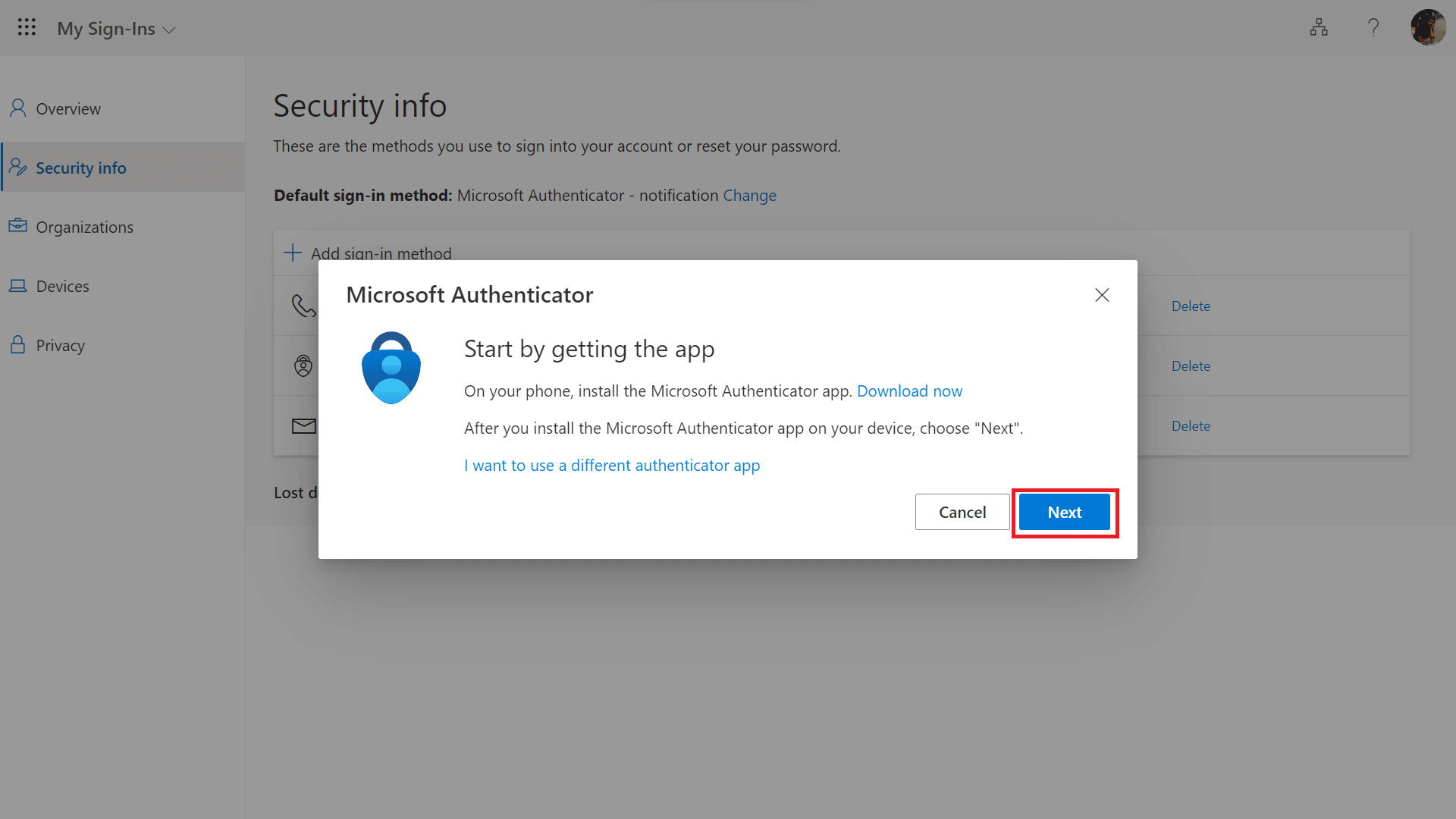 모바일에서 Microsoft Authenticator 앱을 다운로드한 후 Microsoft 웹 사이트에서 다음을 클릭합니다.