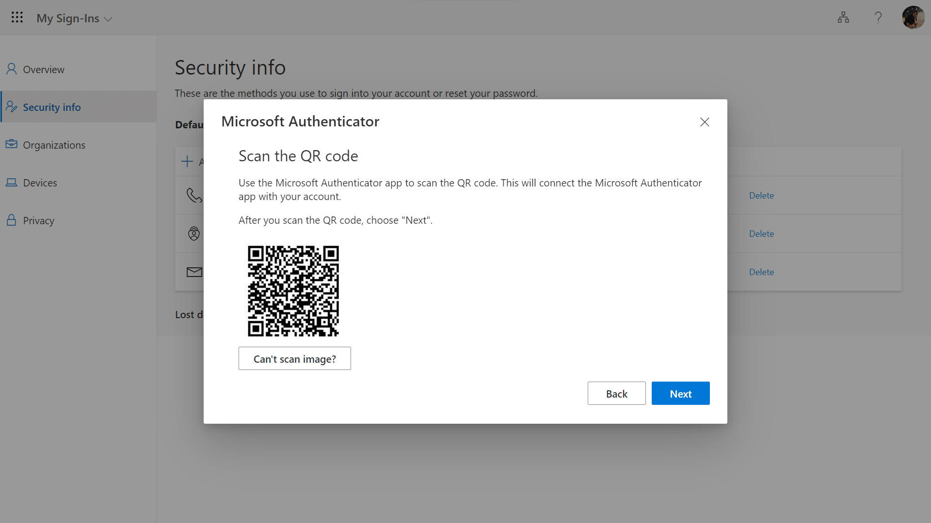 Gunakan aplikasi Microsoft Authenticator di ponsel Anda untuk memindai kode QR