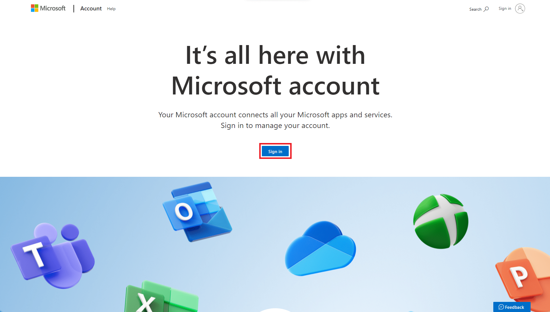 เยี่ยมชมหน้าบัญชี Microsoft และคลิกที่ลงชื่อเข้าใช้