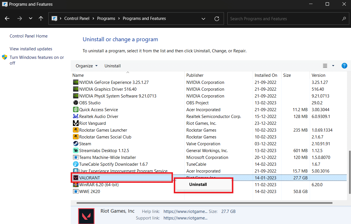 Desplácese hacia abajo y busque Valorant, haga clic derecho sobre él y seleccione Desinstalar