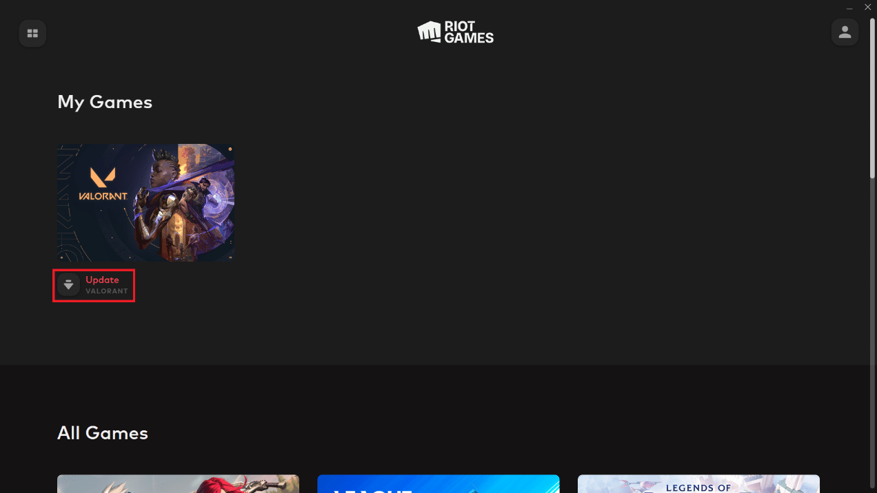 Sous Mes jeux, recherchez Valorant et en dessous, cliquez sur le bouton Mettre à jour