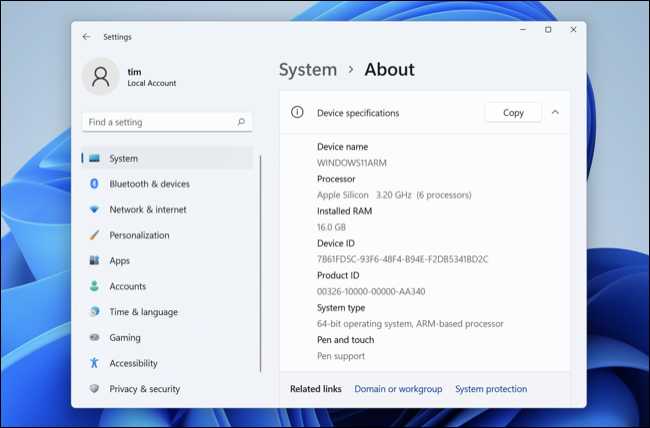 Informații despre sistem Windows Parallels Desktop 18