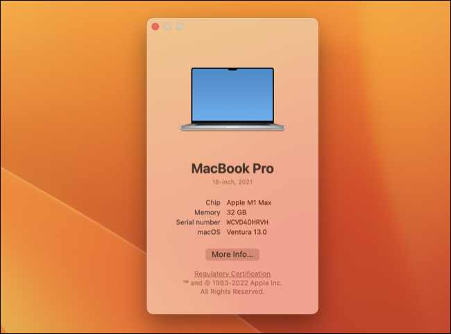 หน้าจอข้อมูล "เกี่ยวกับ Mac เครื่องนี้" ใน macOS 13 Ventura