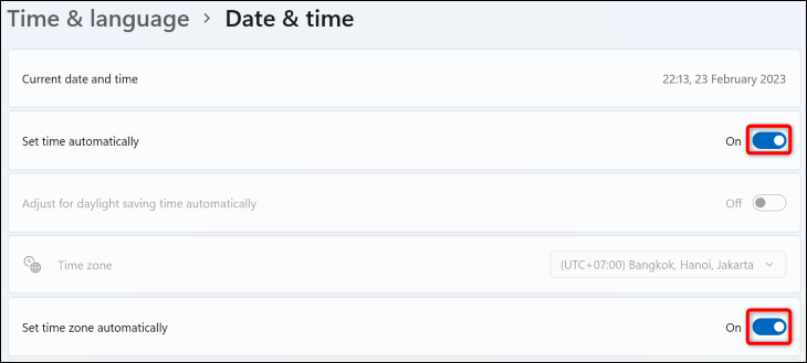 Aktifkan tanggal dan waktu otomatis di Windows.