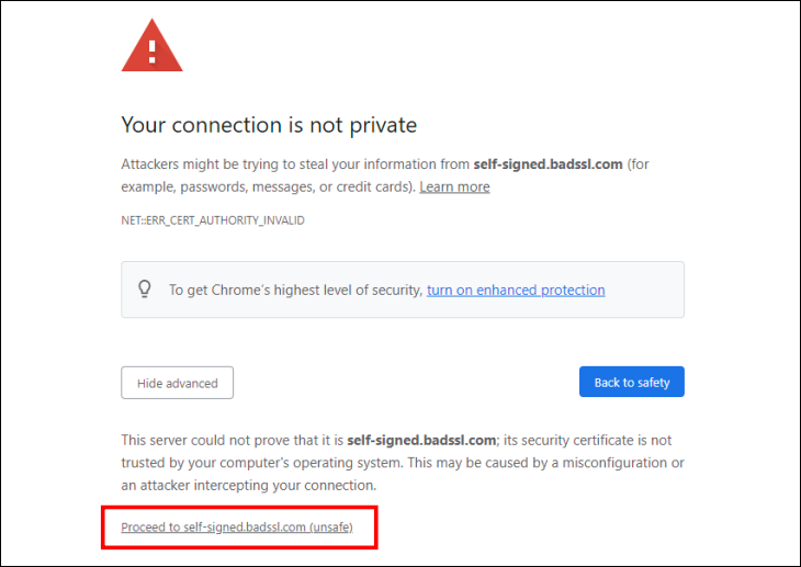 Opção avançada na página de aviso Sua conexão não é privada
