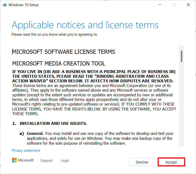 Términos y condiciones de instalación de Windows 10