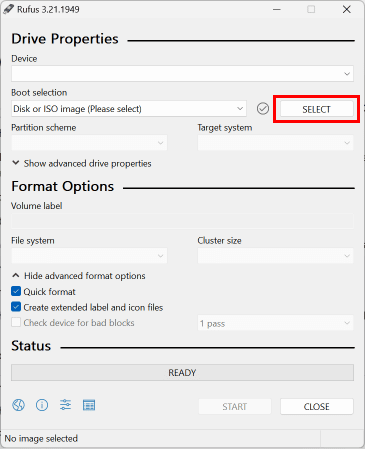 Faceți clic pe butonul Selectați și selectați fișierul iso Windows 10 descărcat.