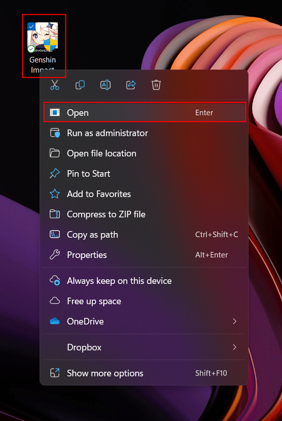 Kliknij prawym przyciskiem myszy ikonę Genshin Impact na swoim komputerze i kliknij Otwórz, aby uruchomić program uruchamiający Genshin Impact