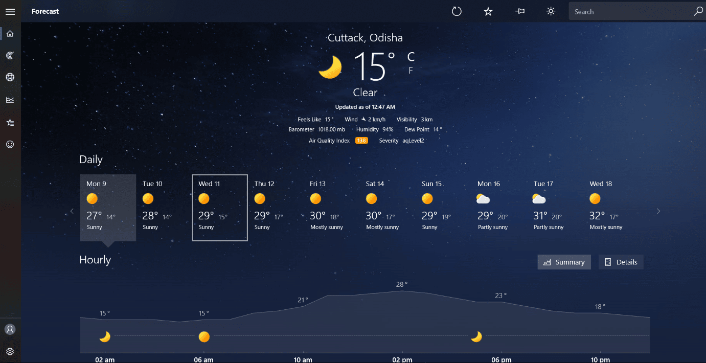 página inicial do aplicativo de clima do MSN. 13 Melhor Gadget de Clima para Windows 10