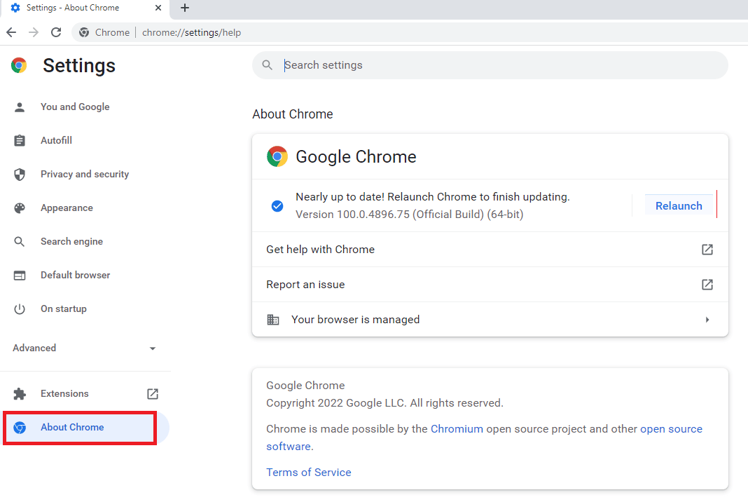 [詳細] セクションの下にある [Chrome について] タブをクリックします。