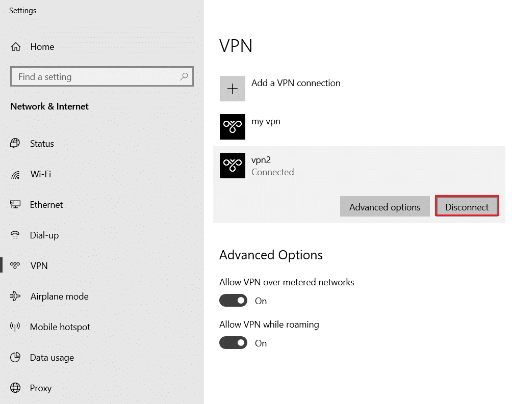คลิกที่ปุ่มตัดการเชื่อมต่อเพื่อตัดการเชื่อมต่อ VPN
