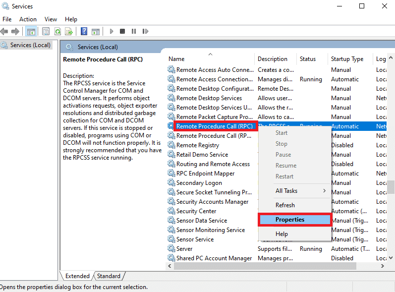 右键单击远程过程调用 (RPC) 并选择属性。修复 RPC 服务器在 Windows 10 中不可用