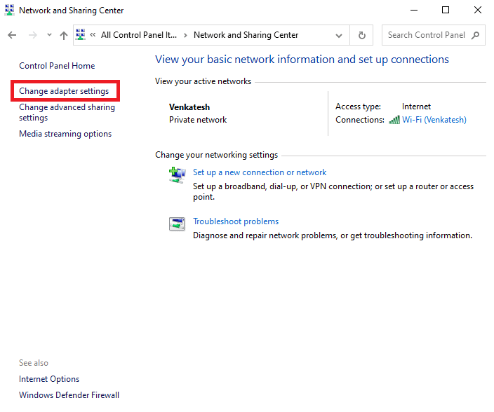 어댑터 설정 변경을 클릭합니다. 수정 RPC 서버는 Windows 10에서 사용할 수 없습니다.
