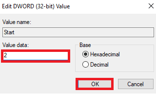 値のデータを 2 に変更し、[OK] をクリックします。 Windows 10でRPCサーバーが利用できない問題を修正
