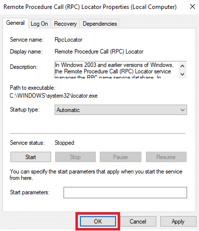[OK] をクリックして変更を保存します。 Windows 10でRPCサーバーが利用できない問題を修正