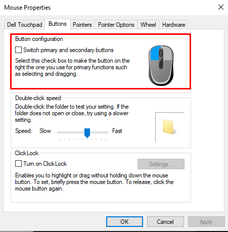 In Opzioni pulsanti, seleziona l'opzione Cambia pulsanti primari e secondari. | doppio clic del mouse windows 10