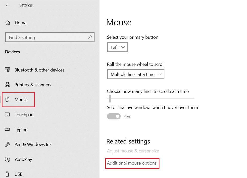 Faceți clic pe meniul Mouse și selectați Opțiuni suplimentare pentru mouse